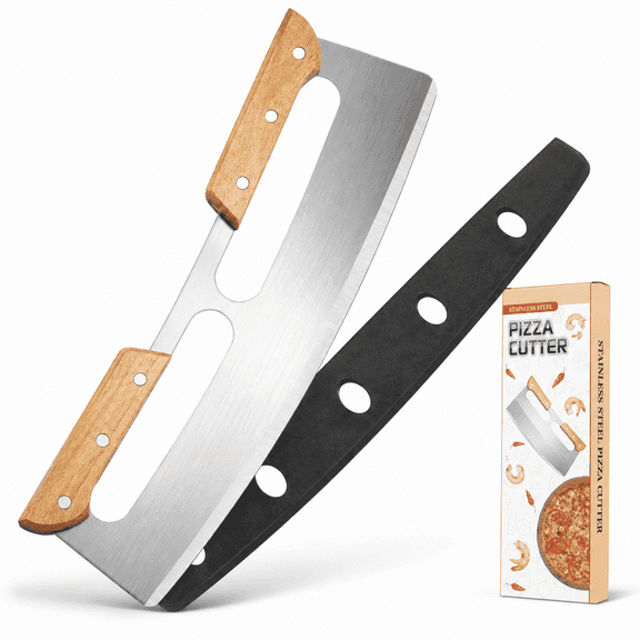 Blade Guard Pizza Cutter Rocker with Wooden Handles & Stainless Steel Pizza Knife