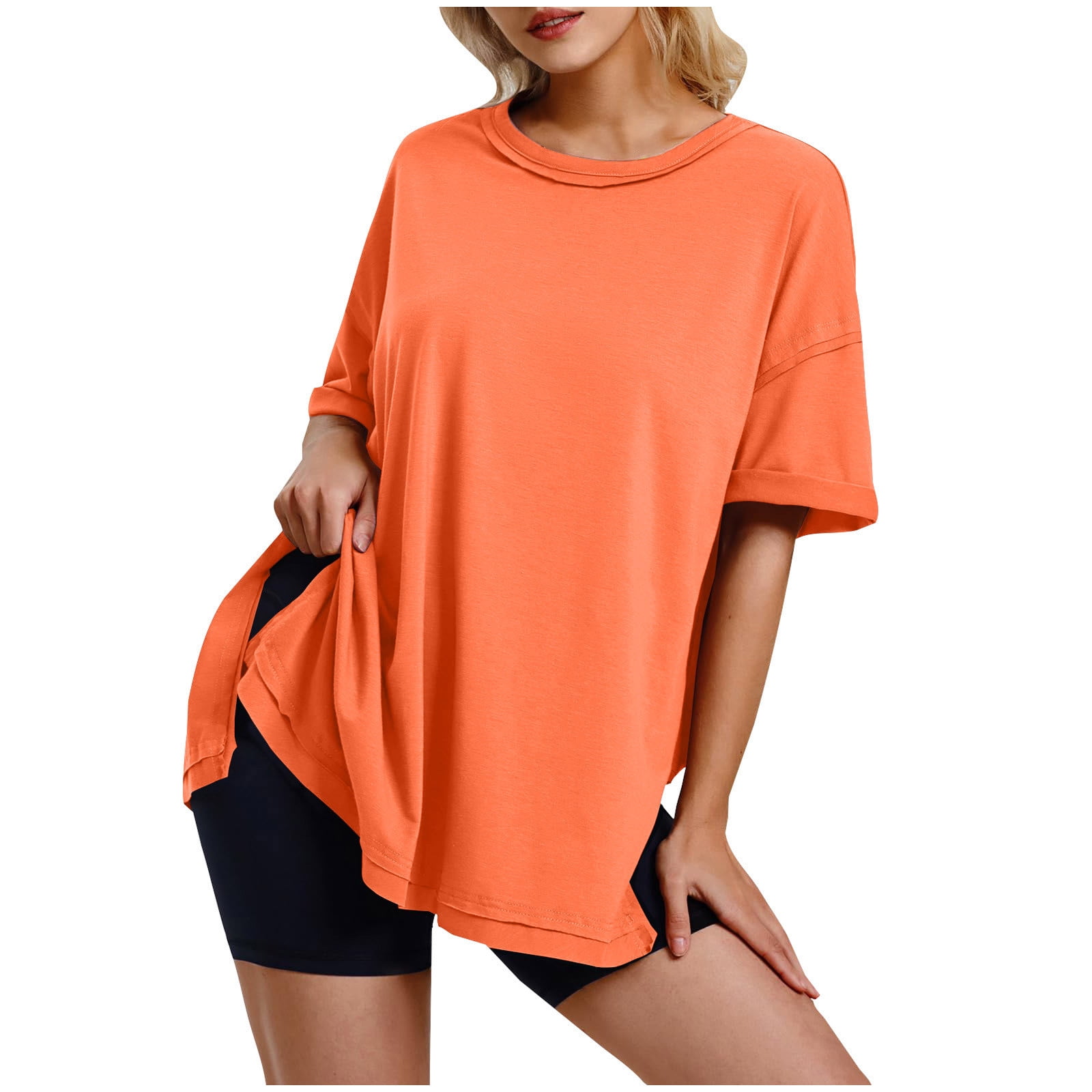 Plebaso T-Shirts d'Été pour Femmes T-Shirts à Manches Courtes Surdimensionnés Hauts Décontractés Col Rond Chemises Unies pour Femmes