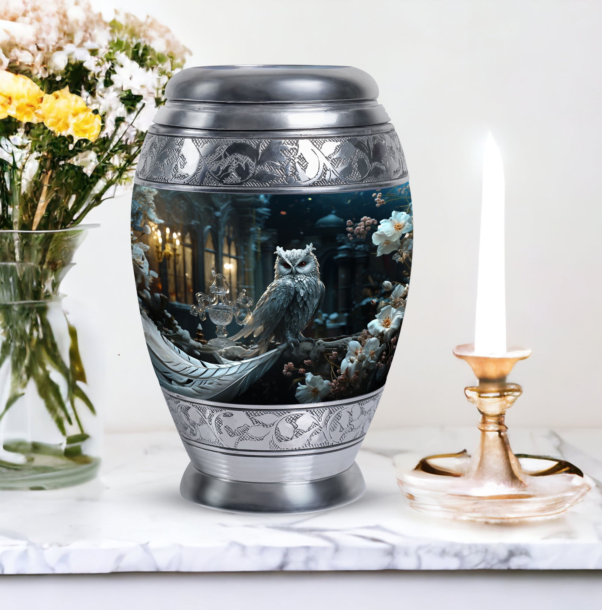 Blue Owl Large Urns For Human Ashes Adult Dad - Cremains Urn For Ashes Mom - Handmade Decorative Gifts For Funeral 10Inch To 200 Cubic Inches Capacity Include Velvet Bag