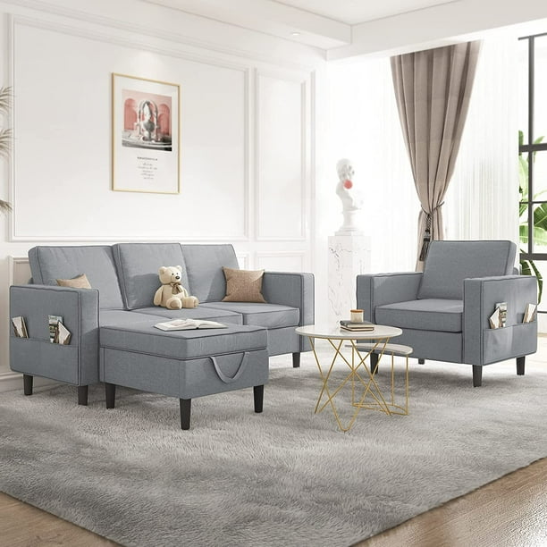 Mjkone Convertible Sectional Sofa Couch with Storage Ottoman, 3 Pcs