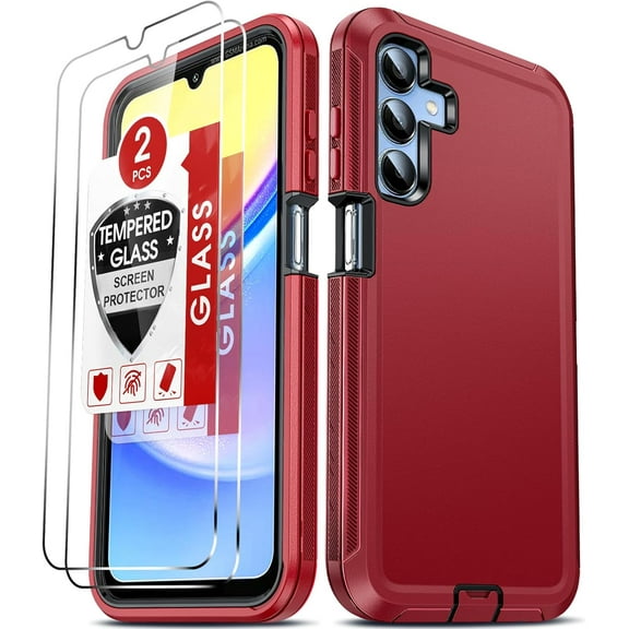 Compatible for Galaxy A15 5G Phone Case: Samsung Galaxy A15 5G Cover with Tempered Glass Screen Protector, Military Grade Shockproof 3 in 1 Full Body Protection Hard Funda para A 15 5G, Red