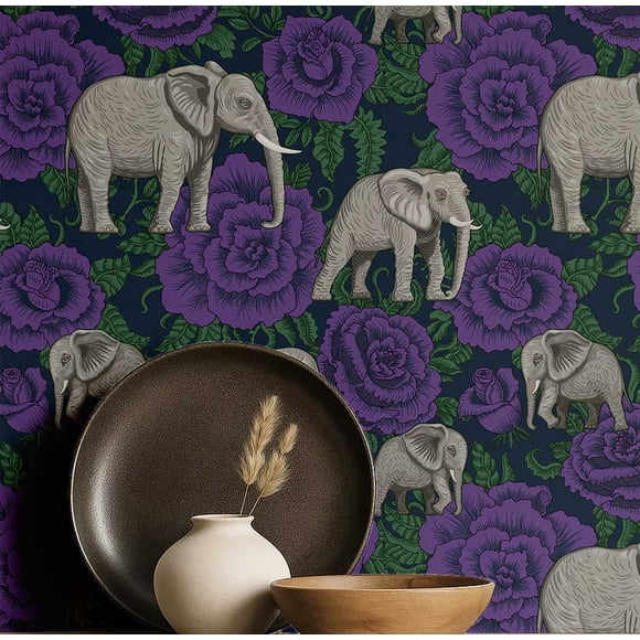 S4Sassy Elephant With Rose Wallpaper- Asian Style Wall Covering, 25" X 360" Self-Adhesive Vinyl Walls Paper, Decorative Wallwrap, Easy Diy Walls Covering For Bedroom, Living Room, Living Space- Purple