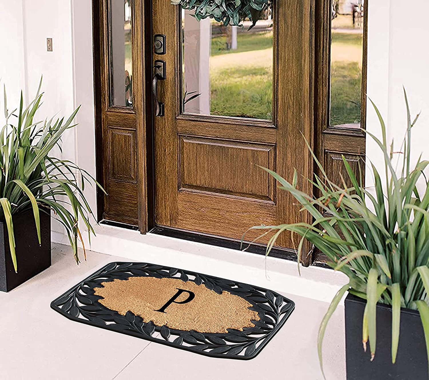 A1 Home Collections Floral Black, Beige, Multi-color Rubber and Coir Doormat for Outdoor Entrance Non Slip Backing Front Door Mat, 23" x 38"