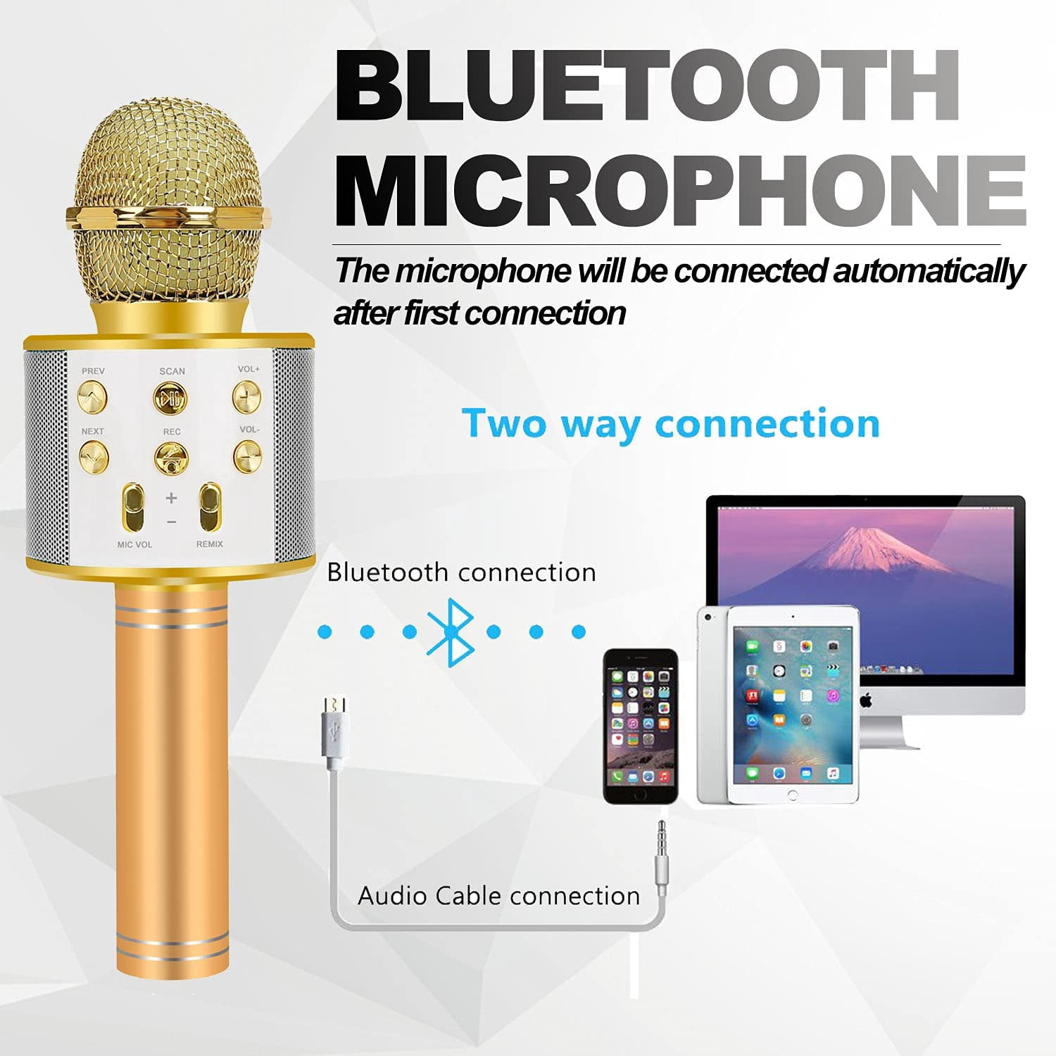 DAKIMOE Wireless Bluetooth Karaoke Microphone, Portable Handheld Singing Microphone for Kids Adults with Stereo Speaker and Voice Changer for All Smartphones, Gifts for Girls Kids Adults, Gold
