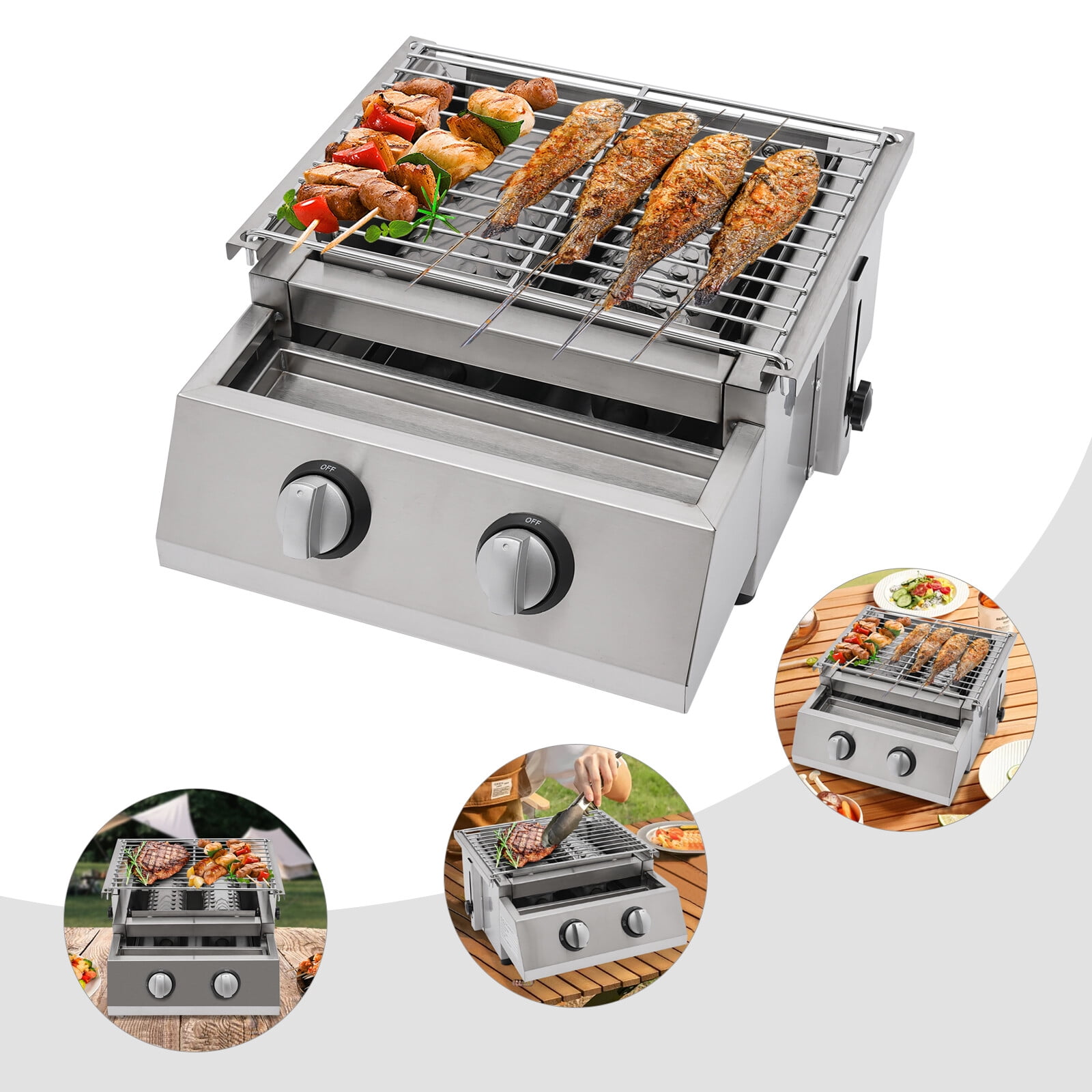 Propane Gas Grill 2 Burners Stainless Steel Grill Outdoor Barbeque Cooking BBQ For Camping, Picnics