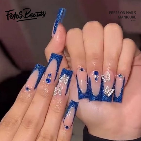 Fofosbeauty 24pcs Press on False Nails,Acrylic Nails for New Year Valentine's Gift,Coffin French three-dimensional butterfly Sparkling Royalblue
