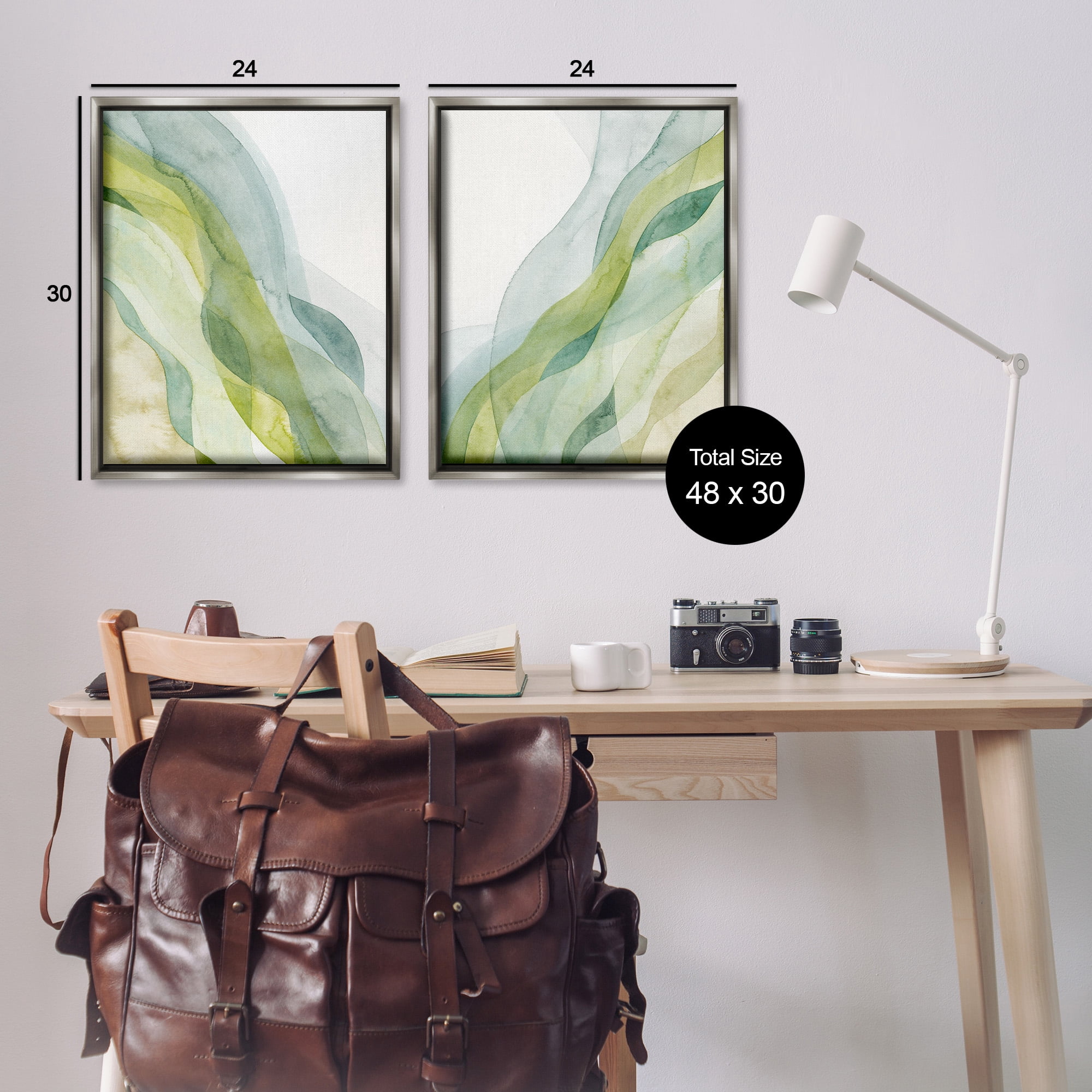 Stupell Industries Abstract Green Waves Abstract Painting Gray Floater Framed Canvas Art Print Wall Art, 25 x 31, Set of 2