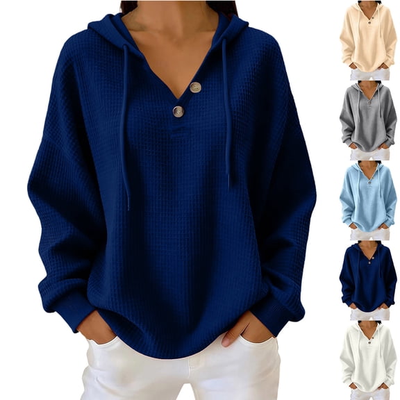 MexChoioe Womens Hooded Sweatshirt Waffle Knit Henley V Neck Button Placket Drawstring Hood Long Sleeve Pullover Hoodie