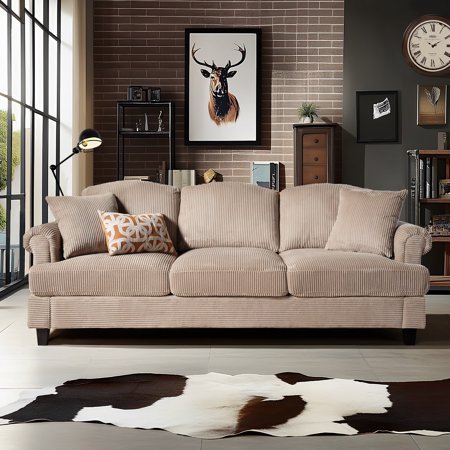 Ovios 3 Seater Sofa Couch with Deep Seat 90" Comfy Upholstered Sofa Mid Century Modern Corduroy Sofas with Throw Pillow, Couches for Living Room, Camel