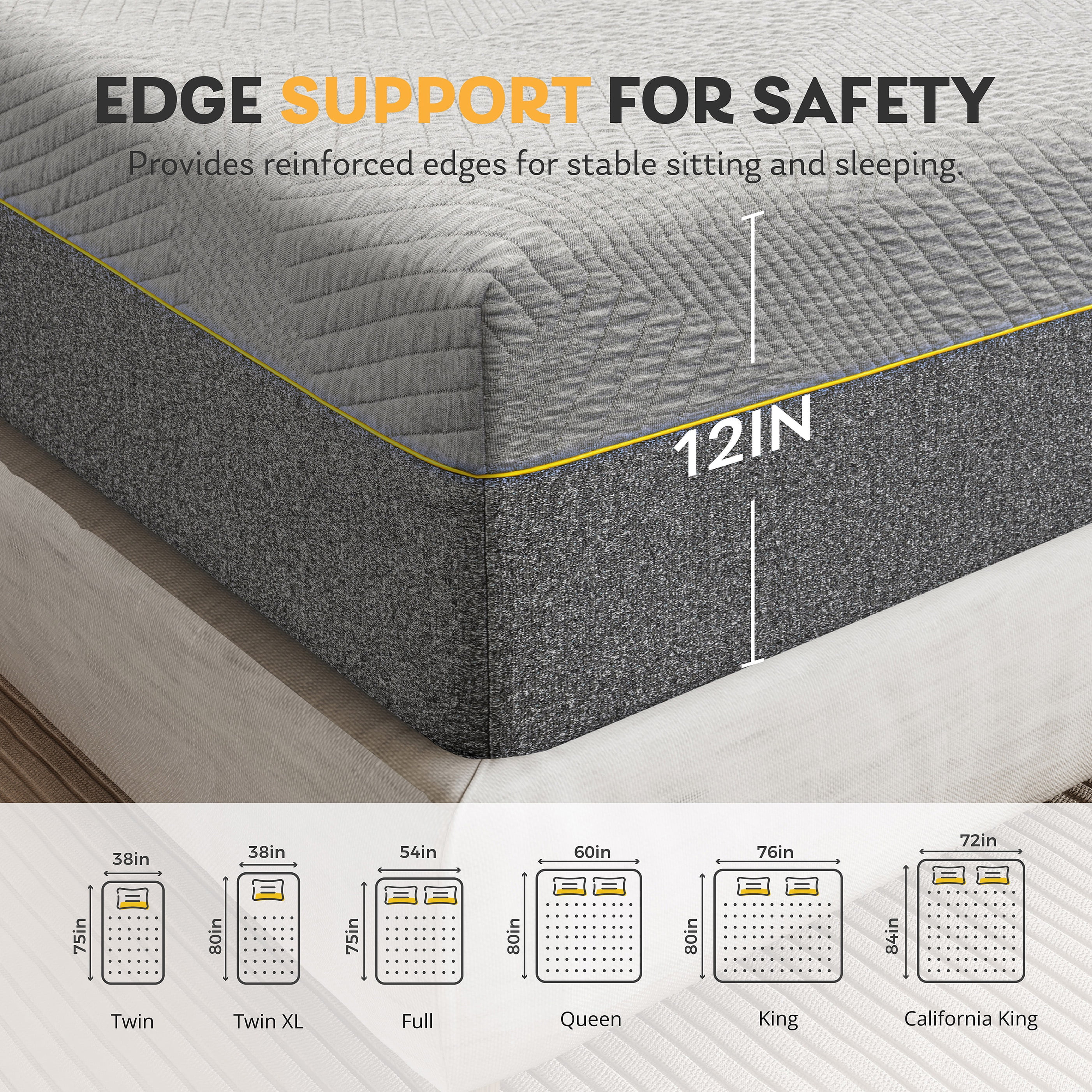 MLILY Ego Gray 12 inch Cal King Size Mattress, Gel Memory Foam Mattress in a Box  (图4)