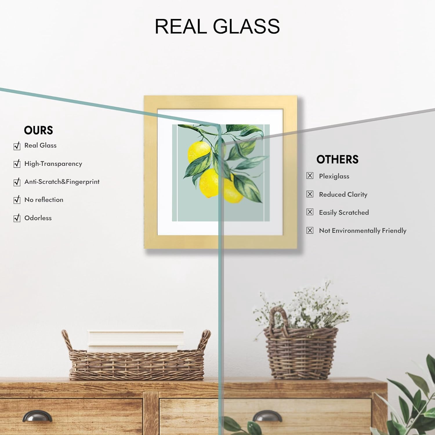 6x6 Picture Frame Set of 2, Made of Real Glass and Gold Wooden Frame - Display Square 4x4 with Mat or 6x6 Without Mat, 6 by 6 Photo for Wall or Tabletop