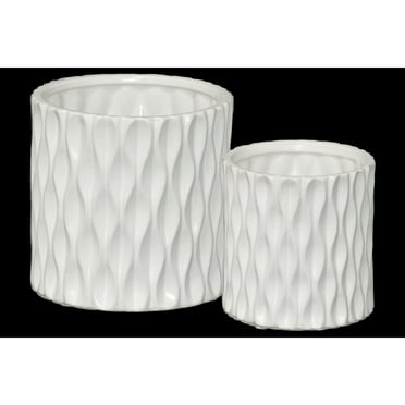 Urban Trends Ceramic Cylindrical Pot wth Wide Mouth and Embossed Wave Design Body Set of Two Matte Finish White