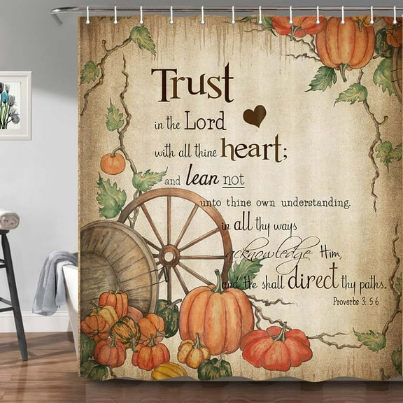 Fall Pumpkin Shower Curtain, Autumn Thanksgiving Harvest Farmhouse Bath Curtain, Motivational Inspirational Quotes Christian Bible Verses Scripture Quotes Bathroom Accessories with Hooks, 72x72IN