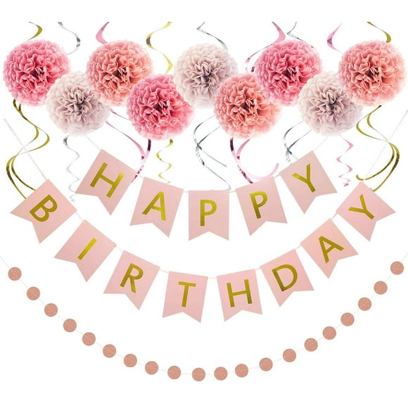 Birthday Decorations, Tri-Color Party Decorations, Happy Birthday Banner, Poms Kits, Hanging Swirls, Dot Garland for 1st Birthday Girls Decorations, Birthday Party Supplies