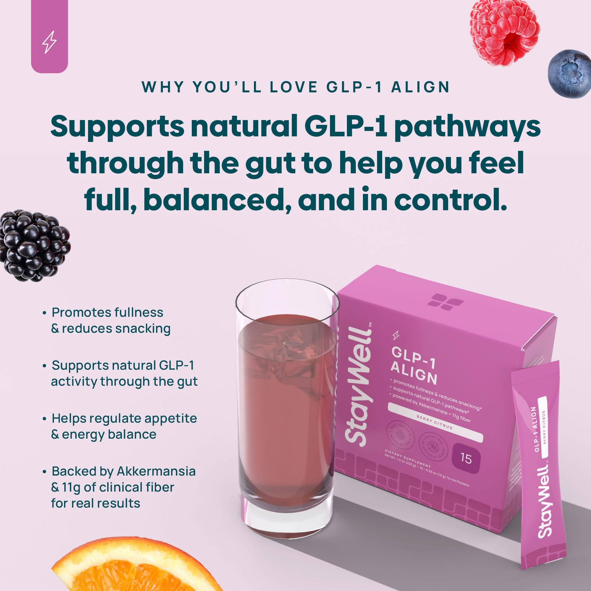 Stay-Well Naturals GLP-1 Probiotic | Akkermansia GLP-1 Supplement, Fiber GLP 1 Booster | Probiotic and Fiber Support with Inulin, Psyllium PHGG, and Soothing Ginger Extract - Berry Citrus 15 Ct.
