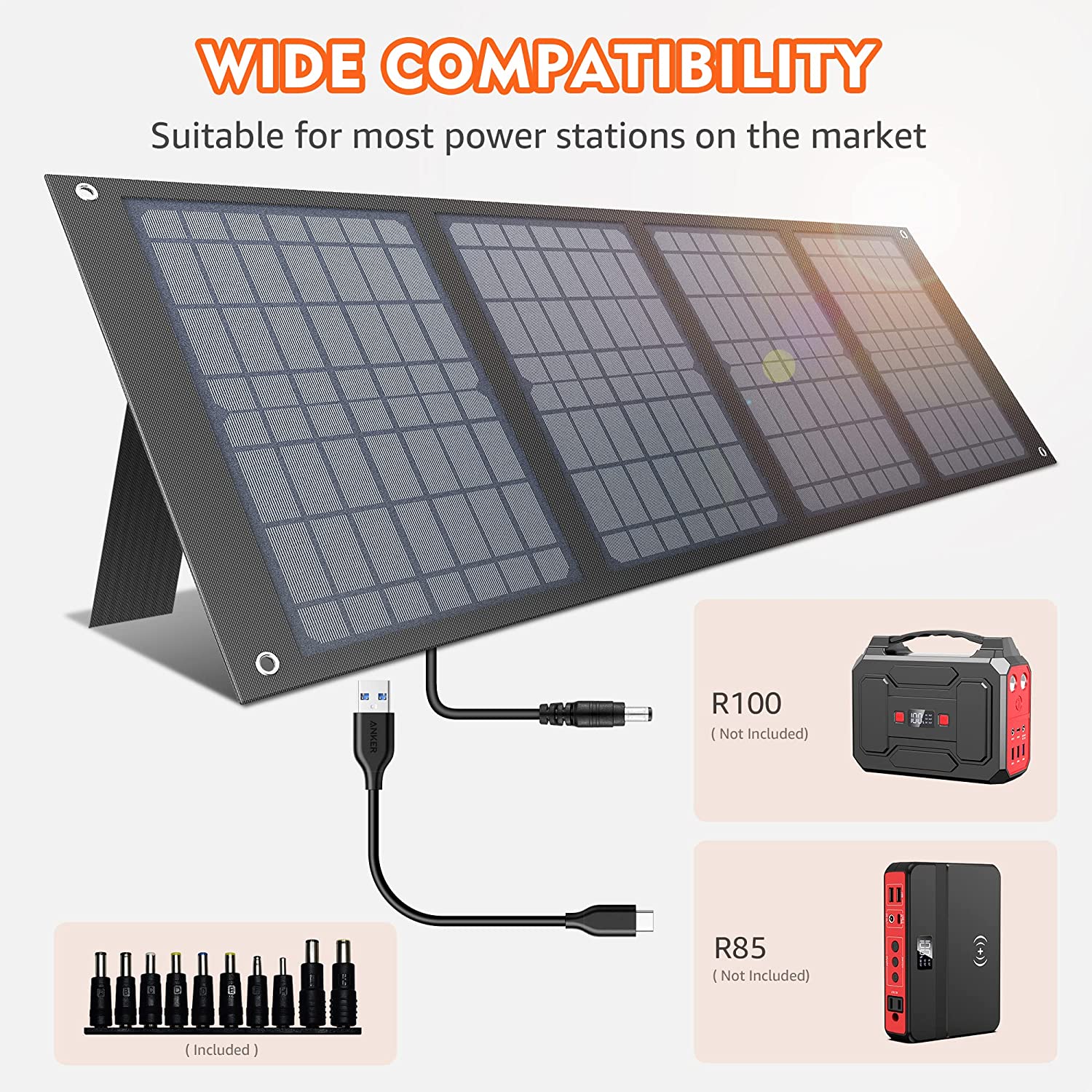 40W Portable Solar Panels, Foldable Solar Panel Charger for 100-300W Portable Power Station, with Adjustable Kickstands, DC 12-15V Output, USB 3.0 Port for Camping Van RV Trip