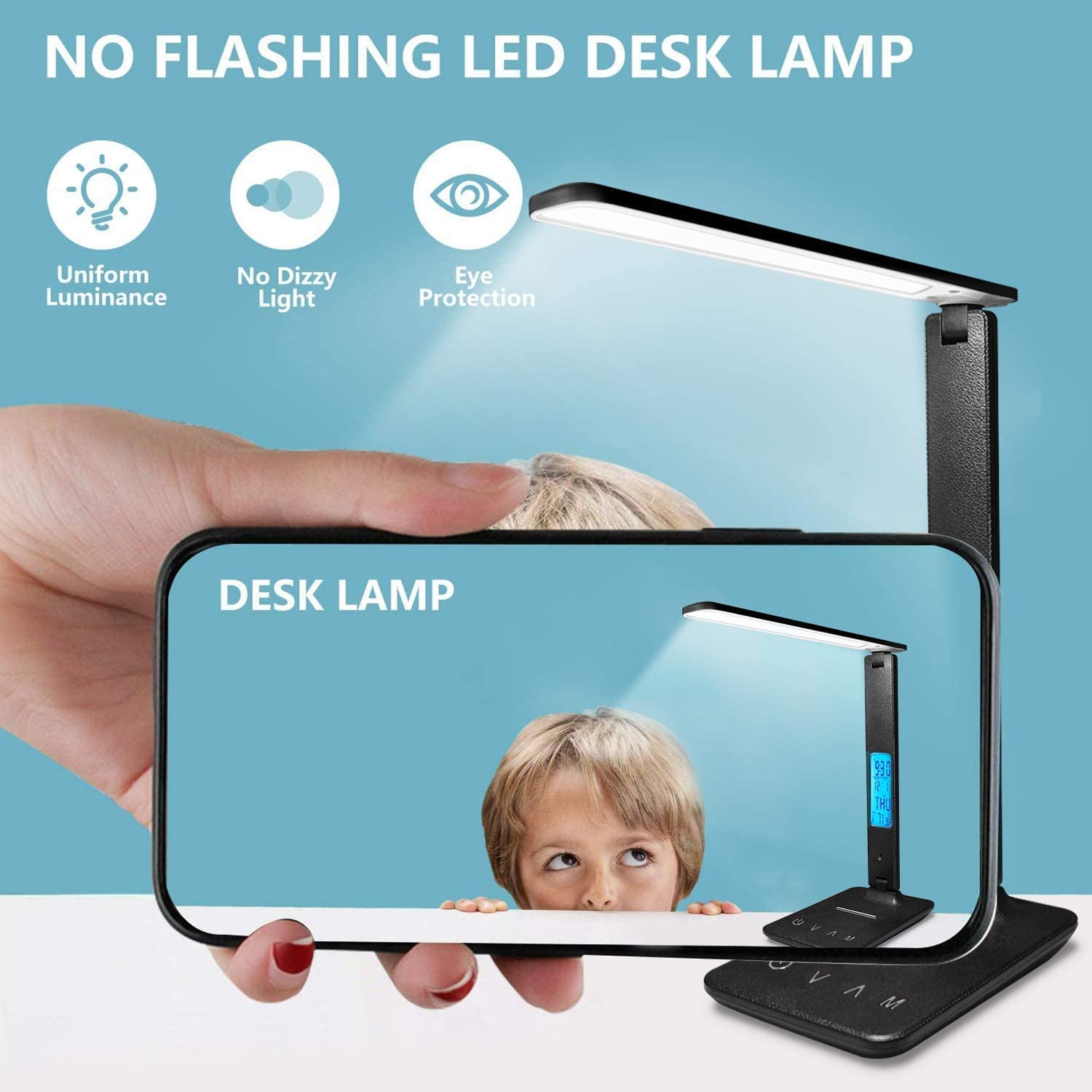LED Desk Lamp with Wireless Charger and USB Port, Foldable, Clock and Alarm, 5-Level Dimming, Black