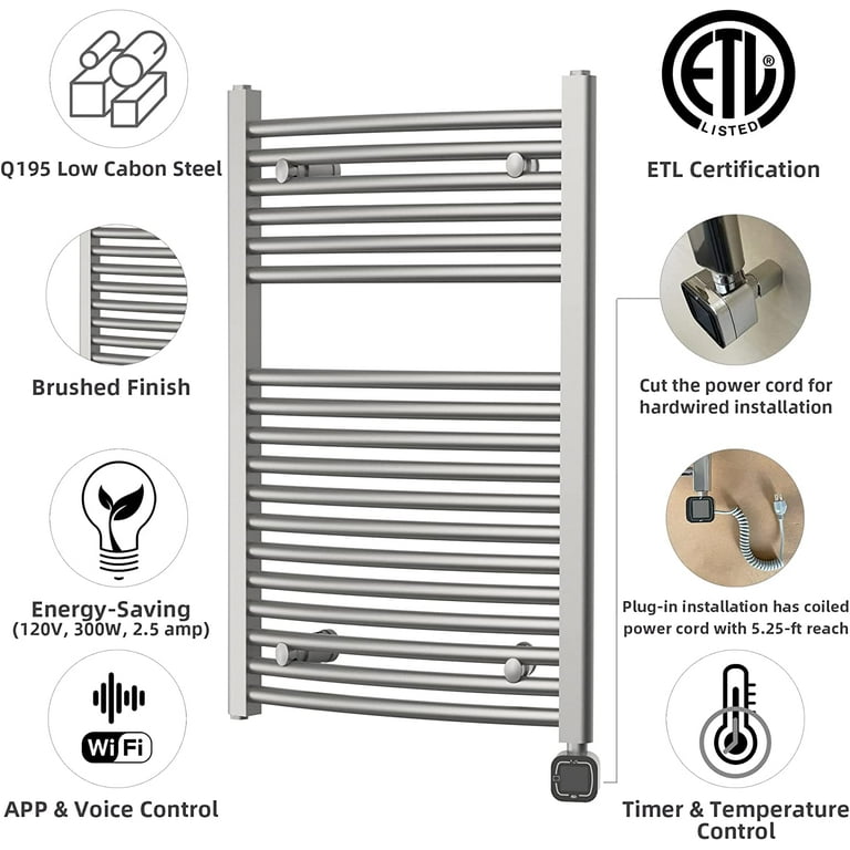 HEATGENE Smart Towel Warmer with Timer and Temperature Control Plug in Hardwired Wall Mounted Towel Rack Heater Compatible Smart Liquid Filled Towel