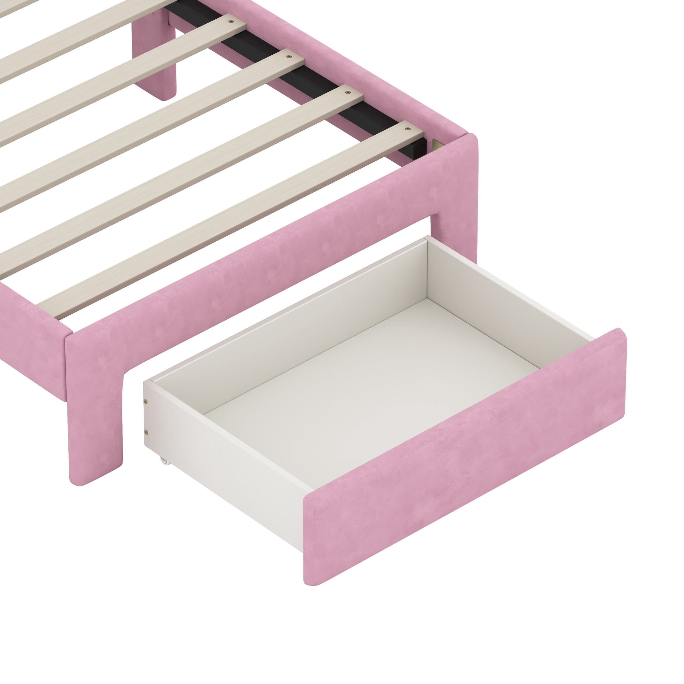 Noble House Twin Size Upholstered Rainbow Design Bed, Velvet Princess Platform Bed with Storage Drawer, Colorful & Pink