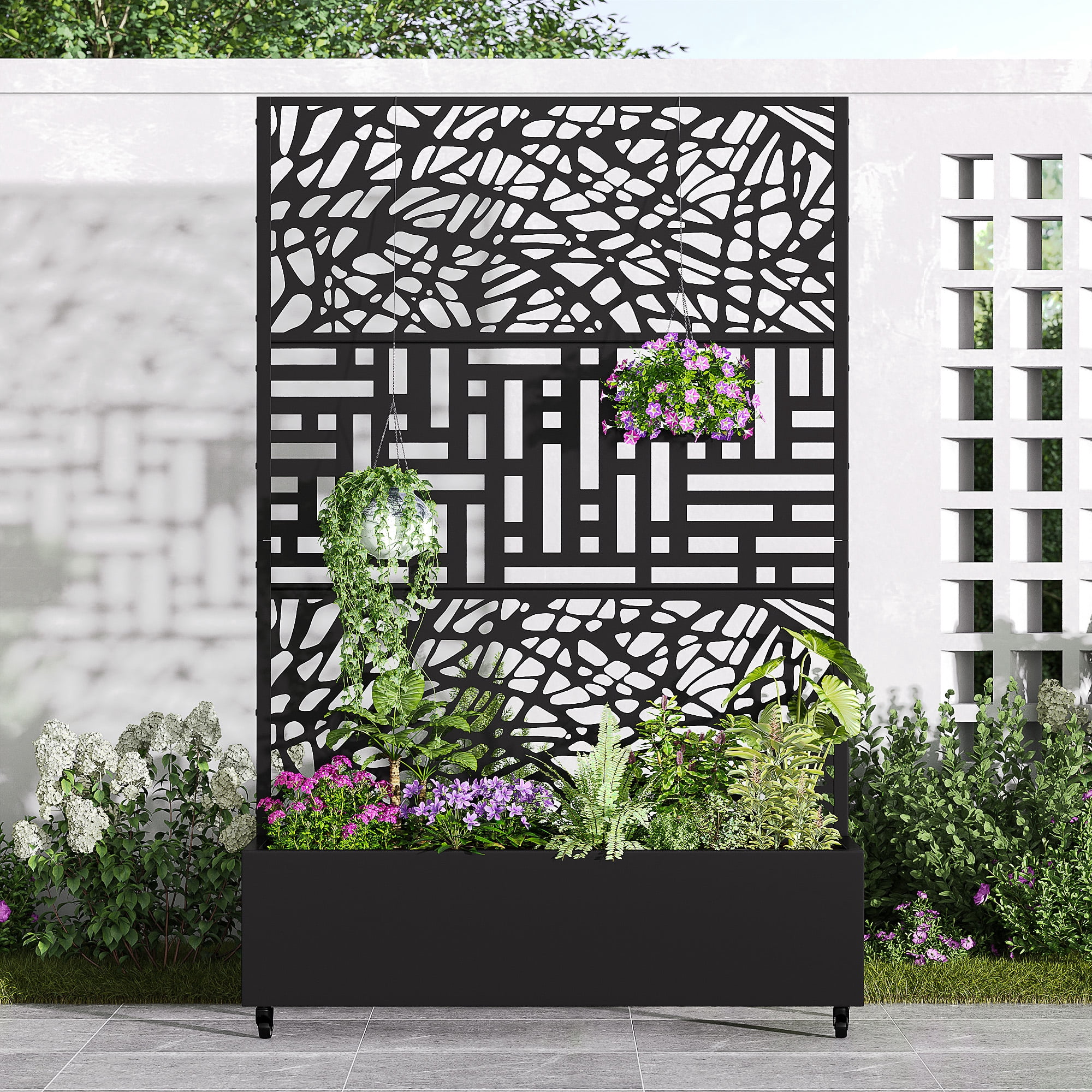 MAYEERTY 47*16*72" Outdoor Black Metal Planter Box with Trellis for Climbing Plants, Vine & Street Pattern