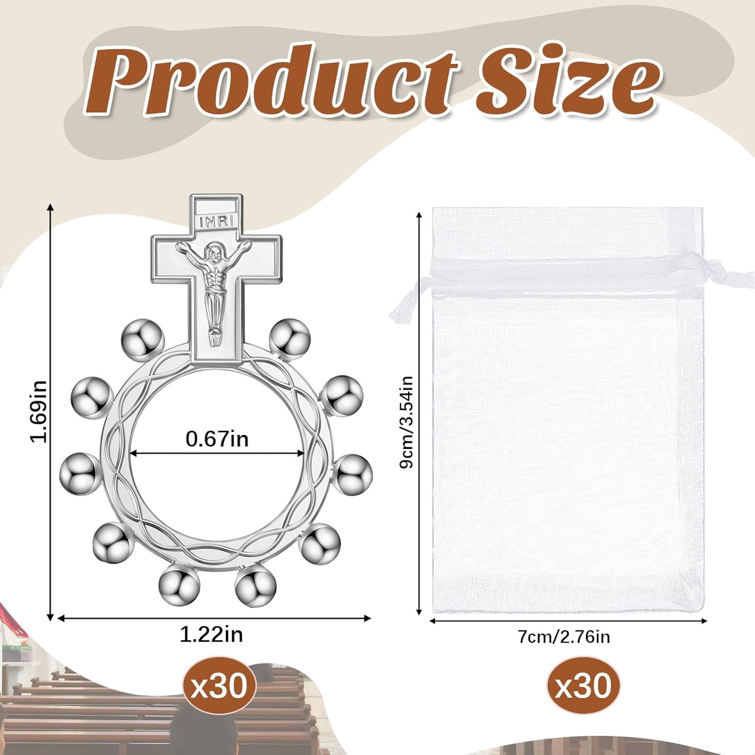 Religious Finger Rosary Rings Bulk for First Communion Favors Small Pocket Cross Prayer Catholic Rings with Organza Bags for Guests Baptism Favors Easter Christening Church