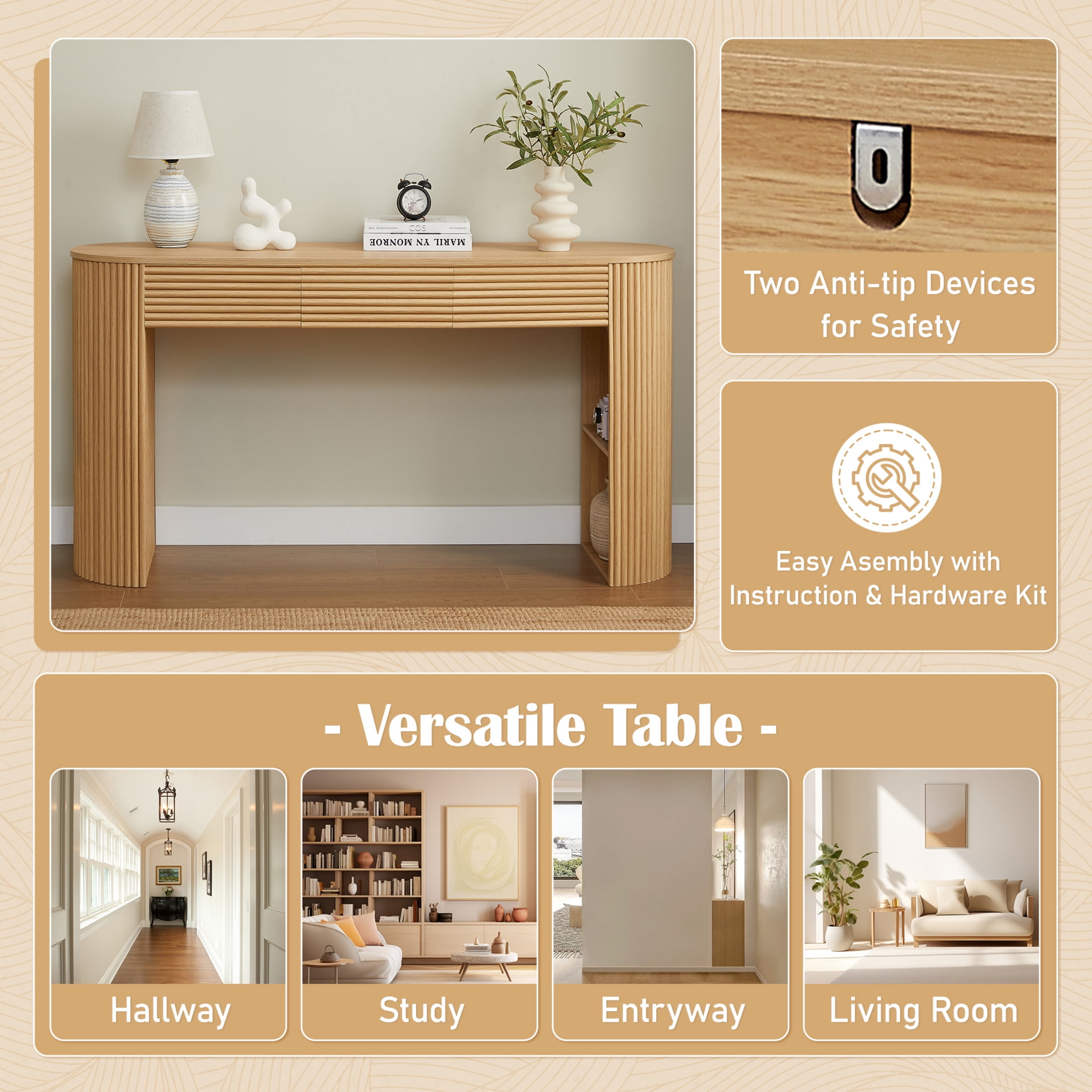 Christopher Knight Home 59.8" Retro Console Table, MDF Entryway Storage Table with 3 Drawers, Natural