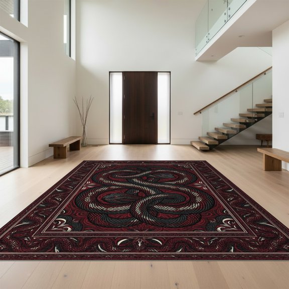 Design&I 8'x10' Washable Area Rug Extra Large Skid-Resistant Low Profile Snake Dual Round Serpent Ornate Border Abstract Wildlife Gothic for Living Room, Family