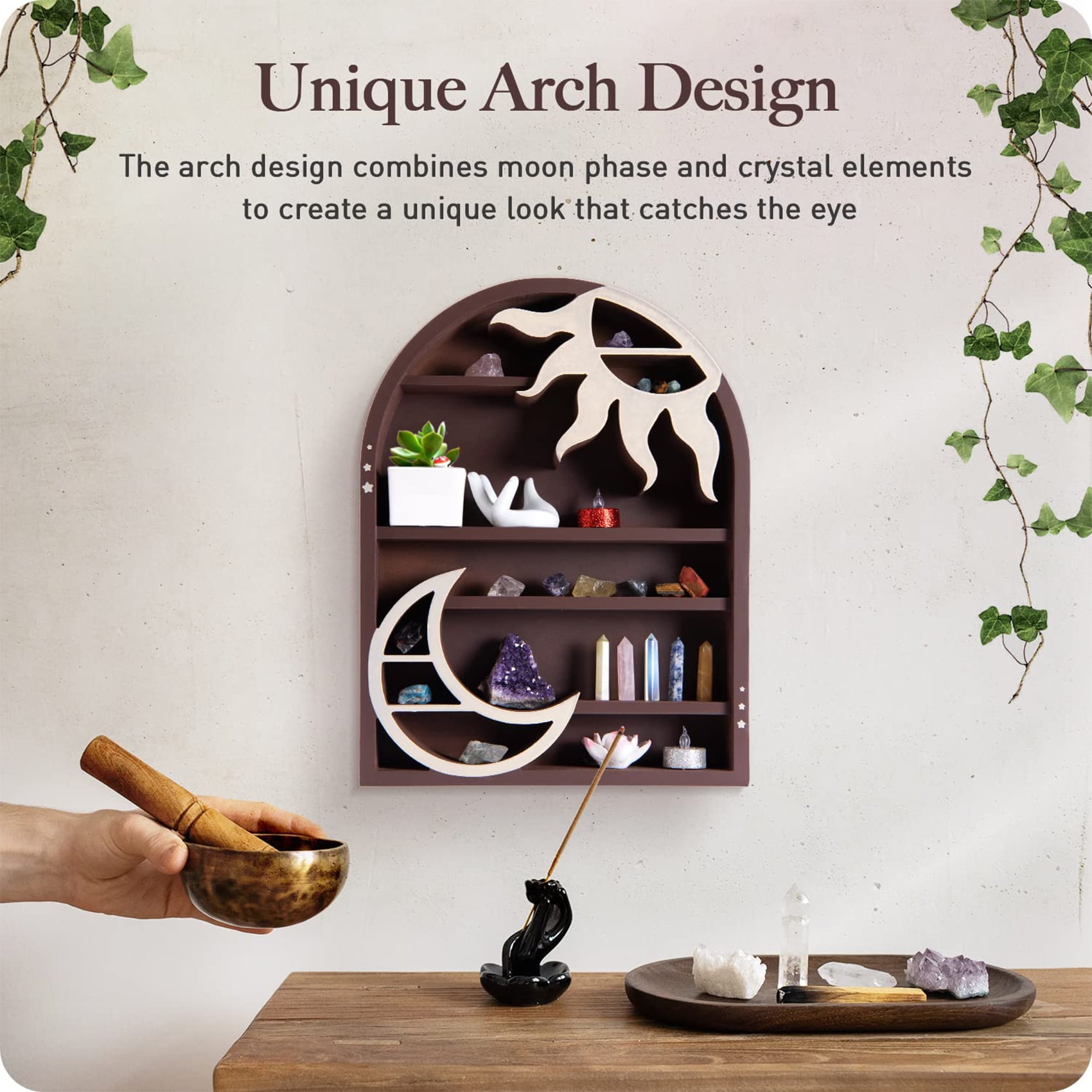 TUOOWO Moon & Sun Crystal Shelf Display - Wooden Crescent Moon