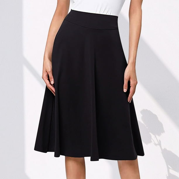Qiaocaity Leisure Beach Long Skirts for Women Girl Stretch High Waist Pleated Mid Length Version Knit Flared Skirt Black 2XL
