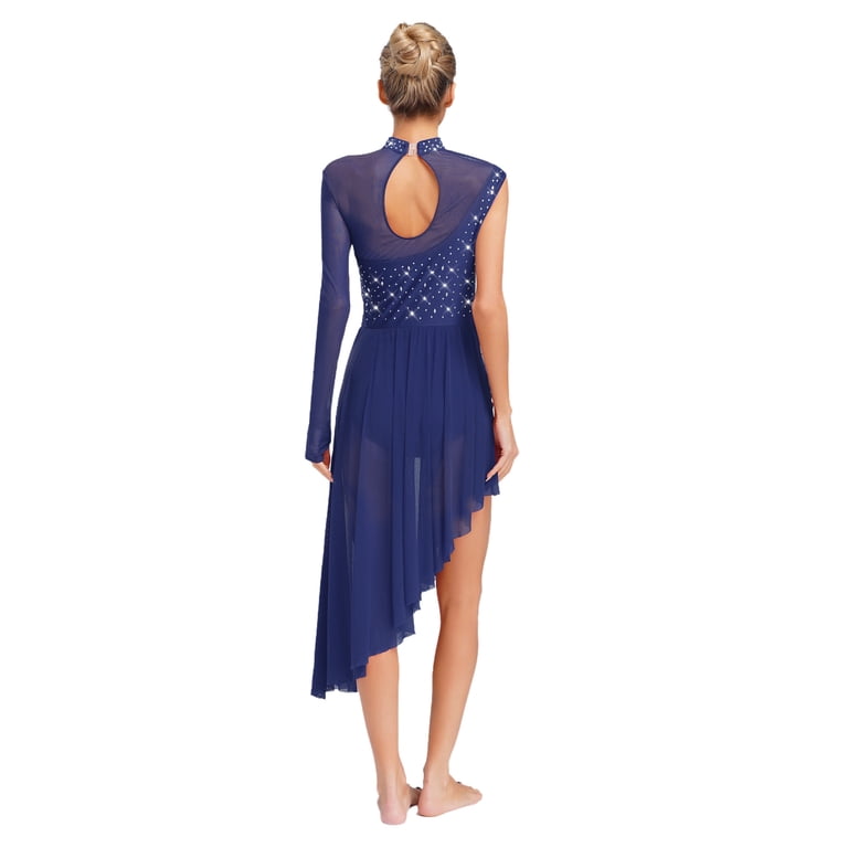 flowy lyrical dress Women's Dance Women's Sheer Mesh Lyrical Dance Dress – Asymmetrical Tulle Skirt Leotard With Rhinestones For Figure Skating online dress boutiques