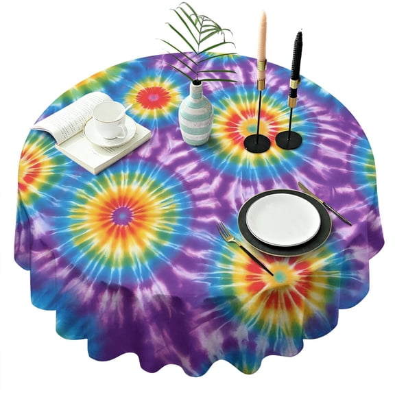 Colorful Rainbow Tie Dye Spiral Pattern Round Tablecloth 60"x60",Wrinkle Wipeable Table Cloth for Kitchen Dining Room Picnic Patio Party