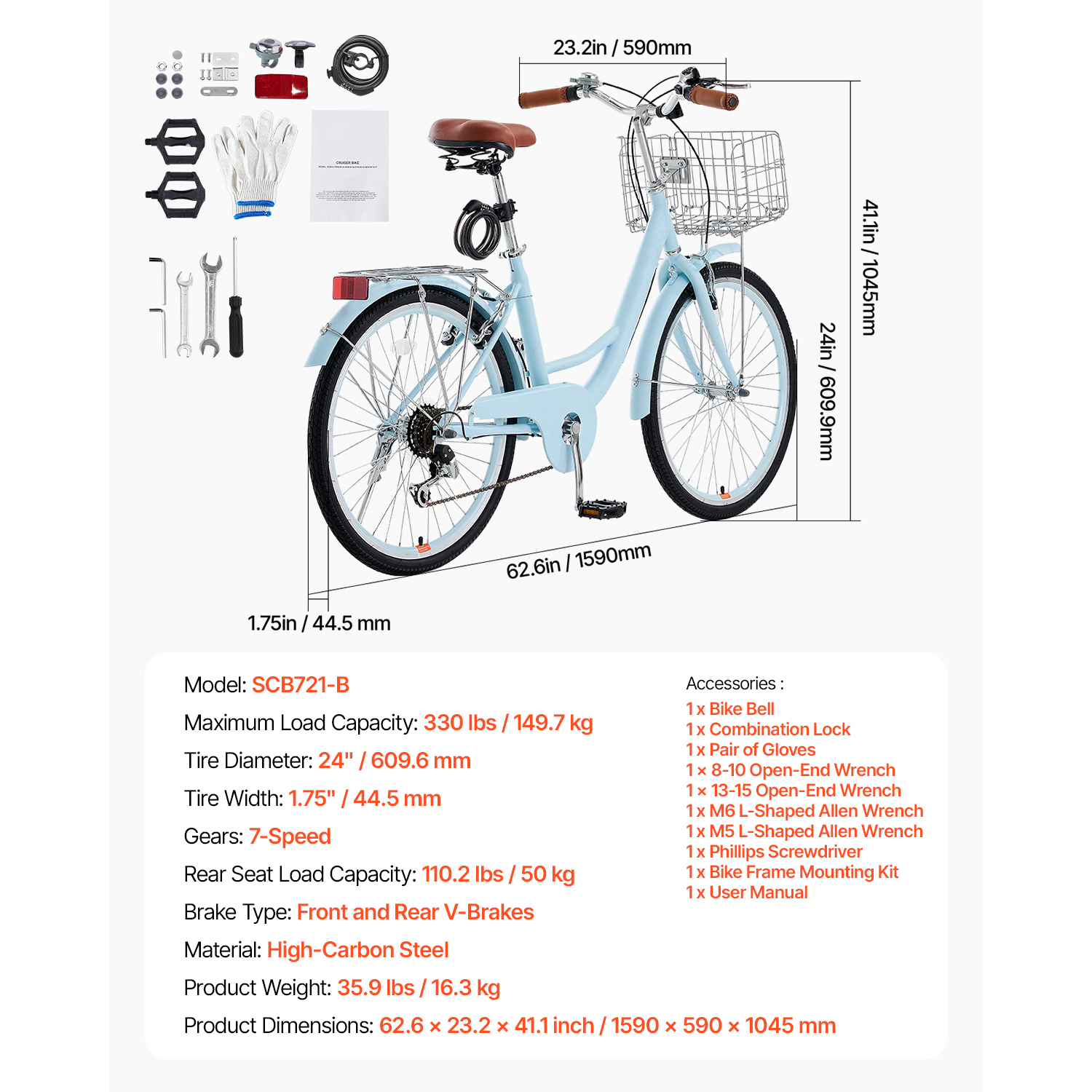 KFFKFF 24" Cruiser Bike 7-Speed Sky Blue with Basket photo 3