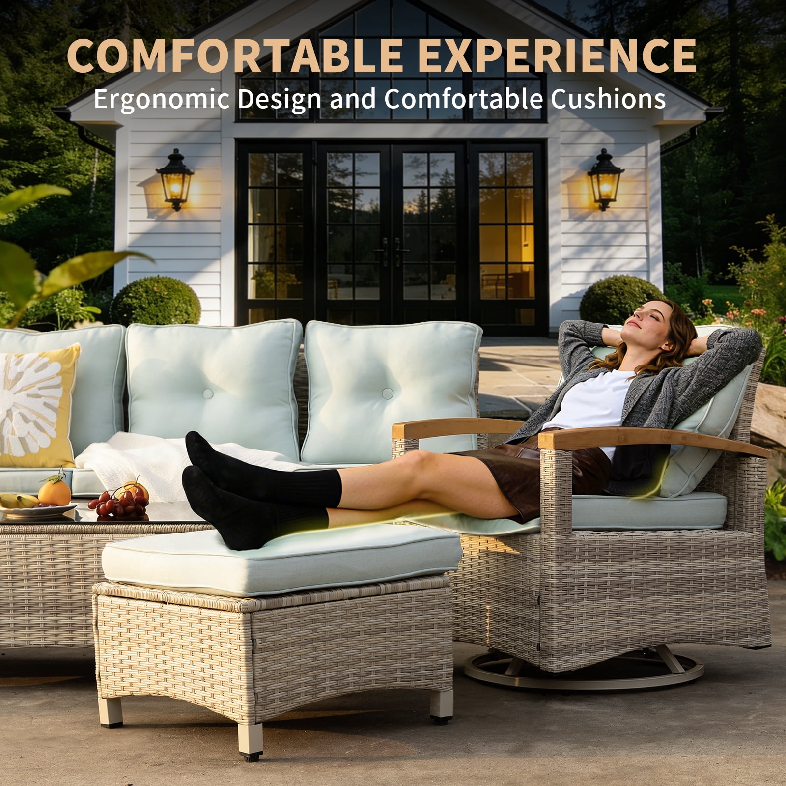 MEISSALIVVE 6 Pieces Patio Furniture Sets,Wicker Patio Conversation Sets with 2 Wood Armrests Swivel Glide Chairs, 2 Ottomans for Deck Yard and Poolside (Blue)