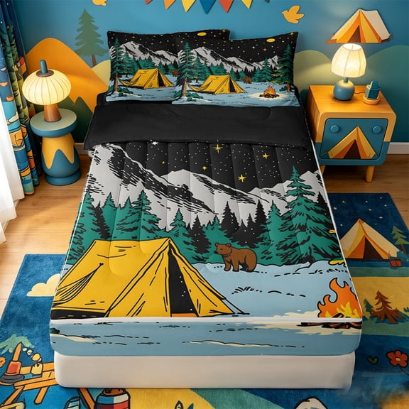 catabedysis Starry Camping Zipper Twin Comforter Sets with Fitted Sheet and 2 Pillowcases,Bear Tent Print Zipper Bedding Set For Boys,Multicolor,Black Reversible,4 Pieces