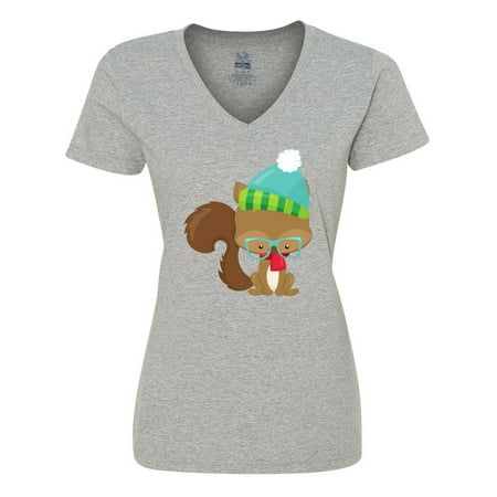 Inktastic Winter Squirrel  Hipster Squirrel  Glasses  Hat Women s V-Neck T-Shirt