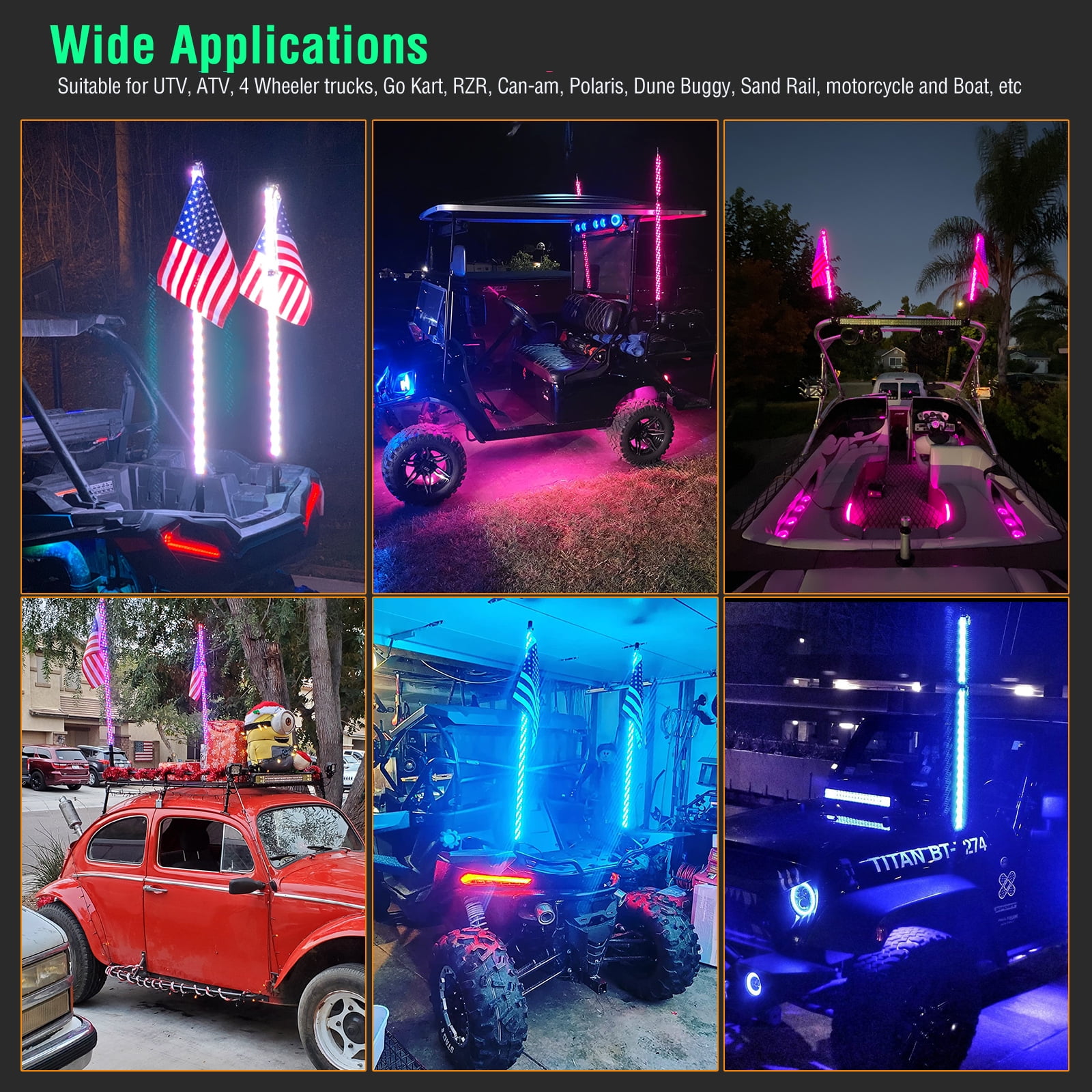 AUTOXBERT 2PCS 3FT RGB LED Whip Light DIY Chasing Patterns Antenna Lighted Whips for ATV UTV