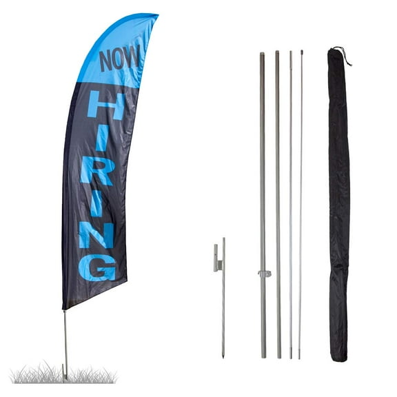 Vispronet Now Hiring Blue and Black Flag, 13.5ft, Pole Set, Ground Spike