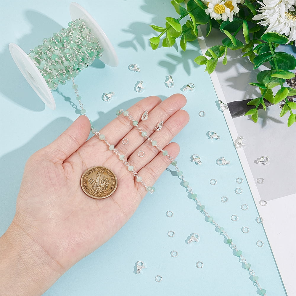 DIY Bracelet Necklace Making Kit Including Faceted Natural Jade Rondelle Beaded Link Chains 304 Stainless Steel Clasps Brass Jump Rings Silver Chain: 12x4mm 4m/set