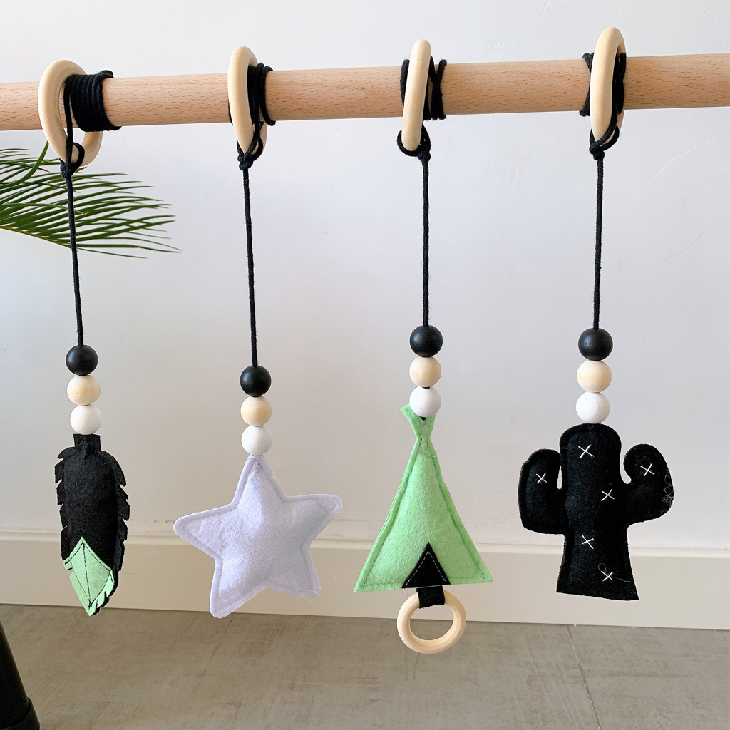 ✪ 4Pcs Solid Wood Fitness Rack Pendant Baby Gym Toy Hanging