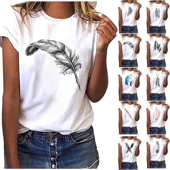 Fesfesfes Womens Short Sleeve Blouse Fashion Women Short Sleeve T-Shirt Feather Print Casual Top Tee Blouse Shirt for Women 12(XXL)