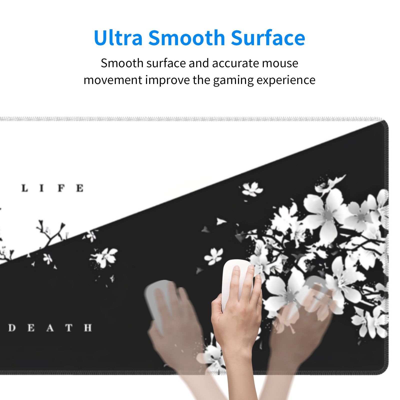 Black White Cherry Blossoms Mouse Pad Japanese Sakura Desk Mat 80X30cm Non-Slip Rubber Base Stitched Edge Large Play Mat For Keyboard Gaming Laptop Desktop,31.5×11.8 Inch