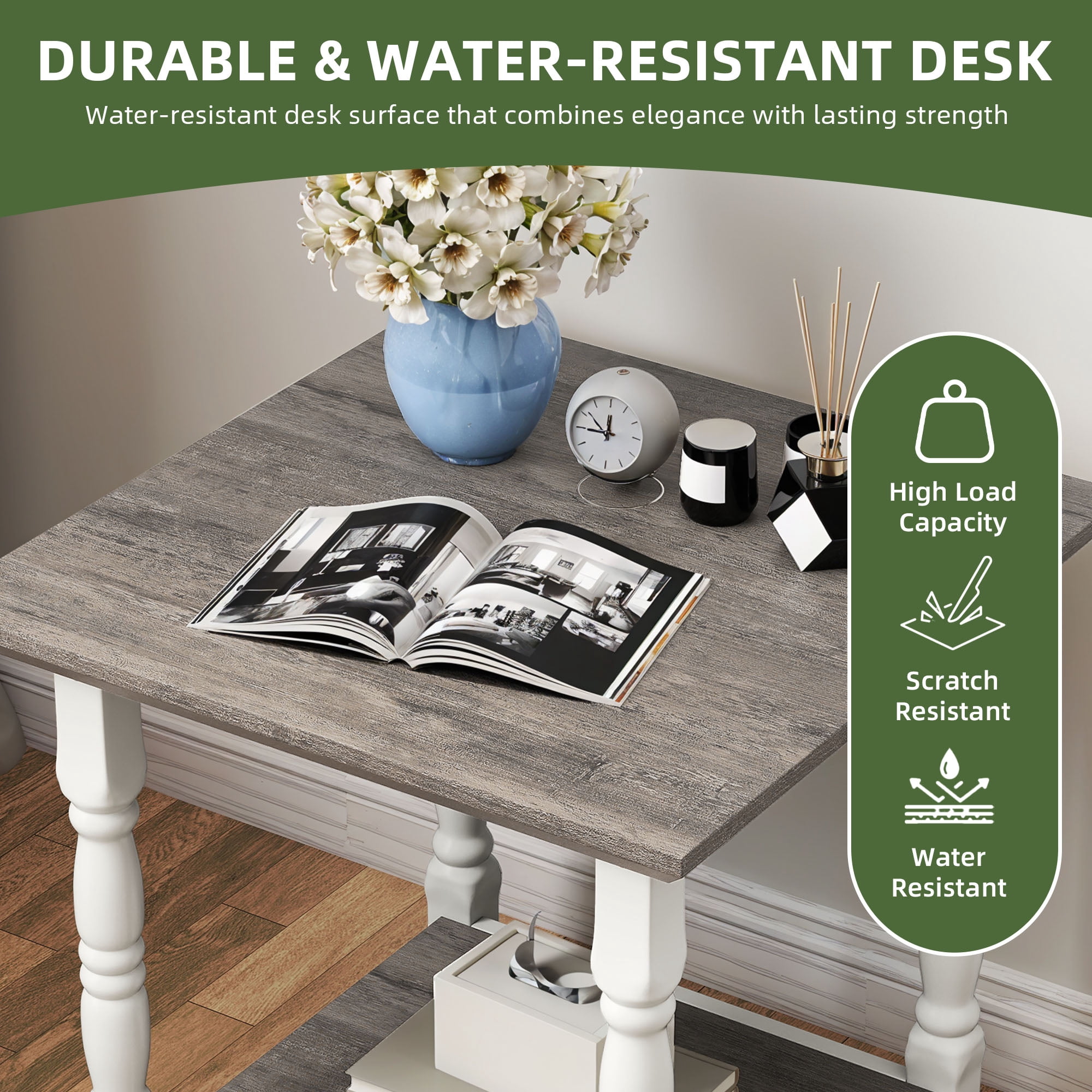 Uforic Roman-Style End Table with Metal Legs, 23.6" Square Side Table with Shelf, White & Gray