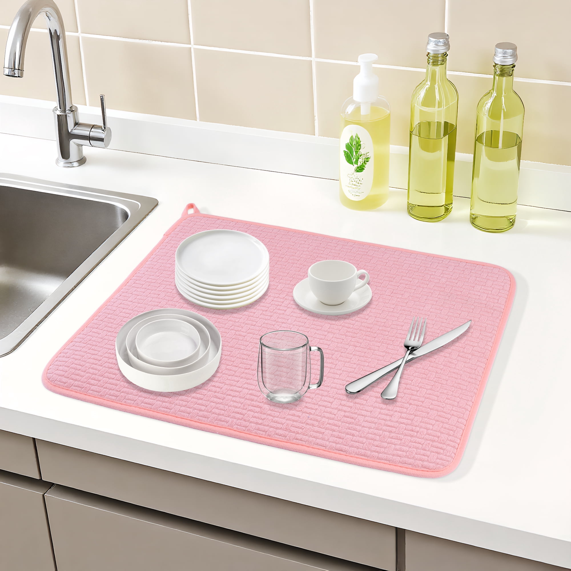 Unique Bargains Absorbent Microfiber Kitchen Mat Stone Drying Mat Pink 19.7*15.0 in