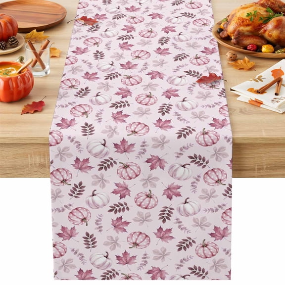 Pink Pumpkins Fall Table Runner, Autumn Thanksgiving Botanical Pink Washable Cotton Linen Table Runners 48 Inches Long, Dresser Scarf Runner for Nightstand/Coffee/End Tables 13''x48''