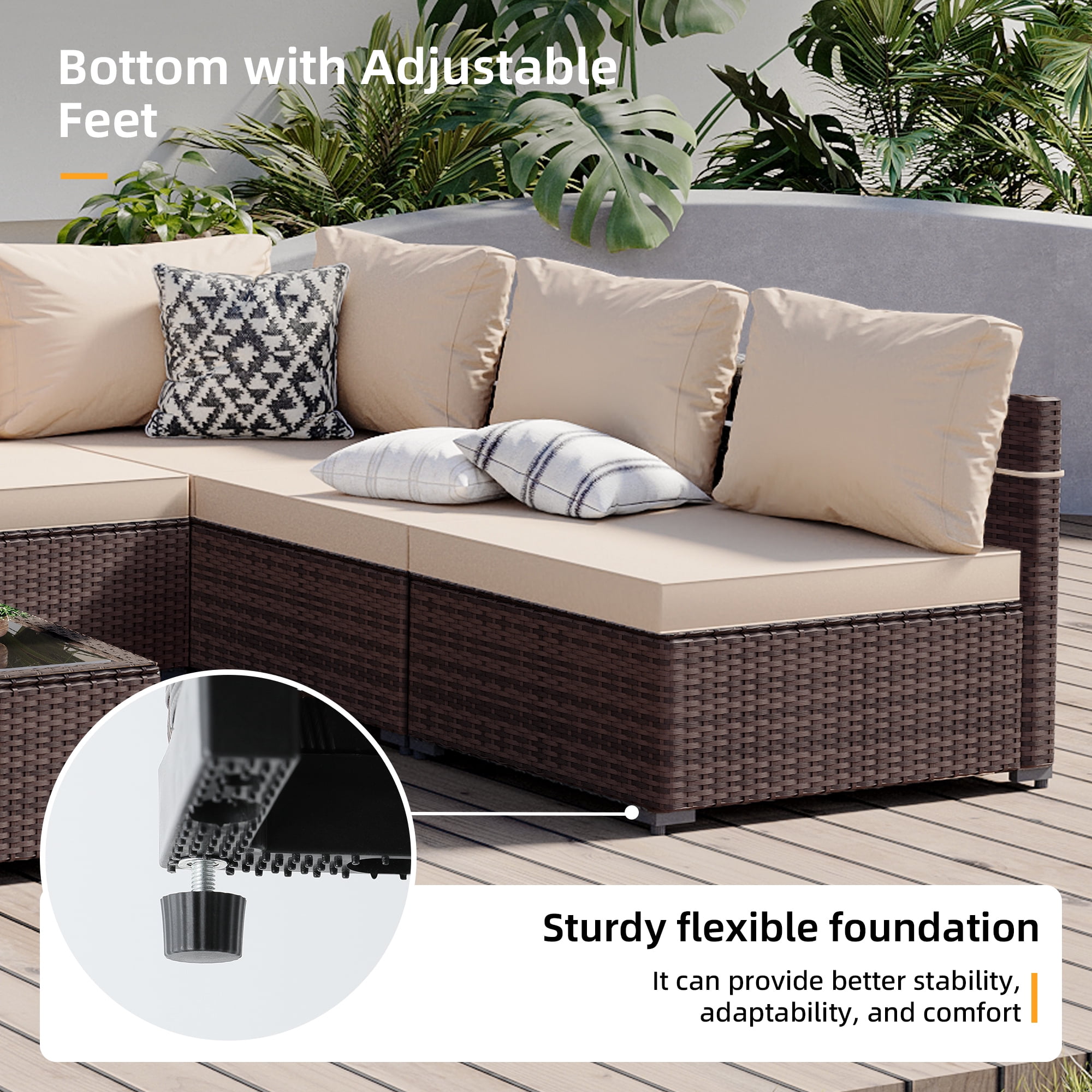 UPHA 5 Pieces Outdoor furniture Sets Patio Sectional Couch Wicker Conversation Sofa for Pools Outside, Gardens, Decks, Brown Rattan, Beige Cushion