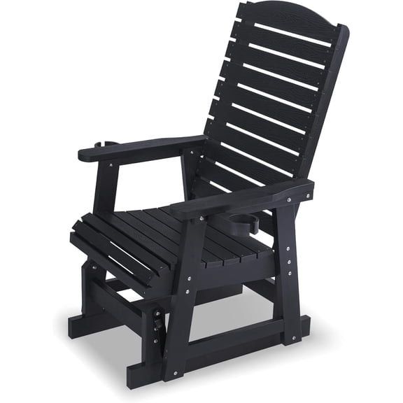Poly Lumber Patio Glider for One Person, with Cup Holders, High Backrest and Deep Contoured Seat, HIPS Material, All-Weather Resistant, Heavy Duty 700 Pounds (Black)