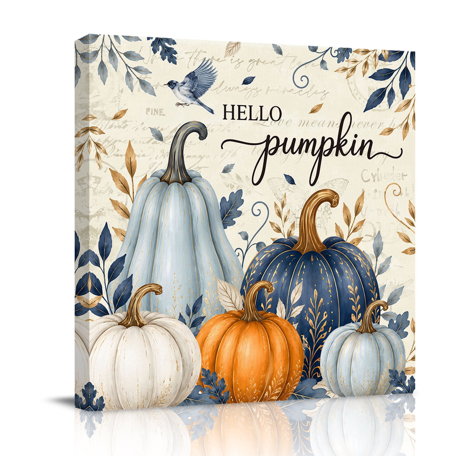 Canvas Wall Art Hello Pumpkin Fall Framed Canvas Prints for Bathroom Kitchen Orange Blue Thanksgiving Botanical Vintage Gallery Wrapped Wall Decor for Home Office Gifts 10 x10 Ship Next Day
