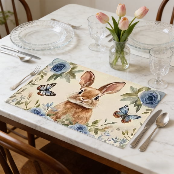 Easter Bunny Placemat with "He Is Risen" - Vintage Lily Print Table Mat for Spring Holiday Decor