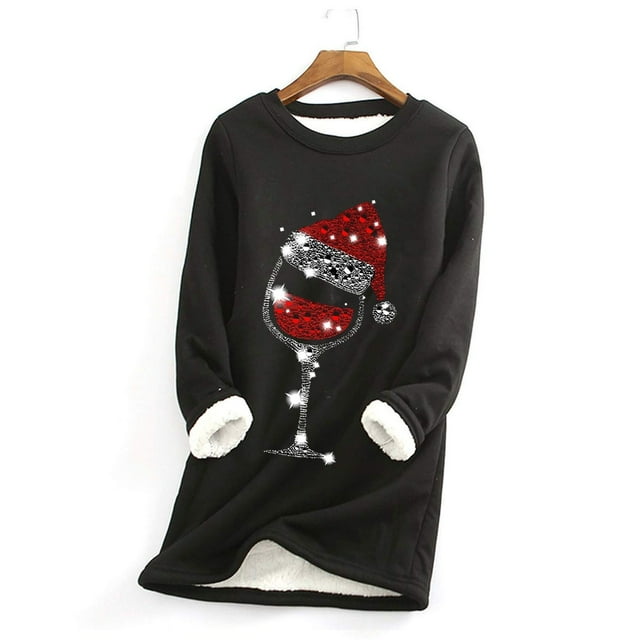 MHFRRA Hauts à Manches Longues pour Femmes Automne et Hiver Noël Rouge Verre Imprimé Col Rond Chandail Manches Longues Plus Velours sous-Vêtements Thermiques Haut m