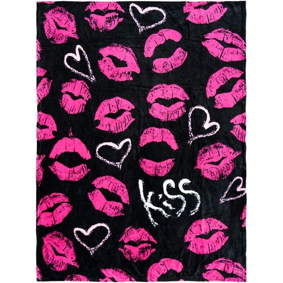 Kiss Kiss Black & Pink Valentine Blanket, Cozy Throw for Romantic Home Decor or Gift
